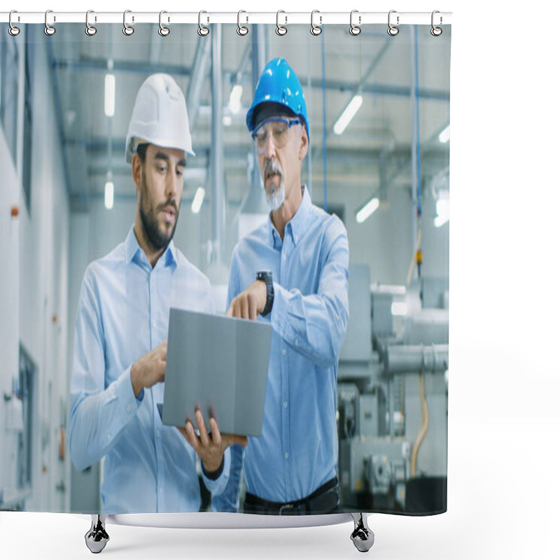 Personality  Head Of The Project Holds Laptop And  Discusses Product Details With Chief Engineer While They Walk Through Modern Factory. Shower Curtains