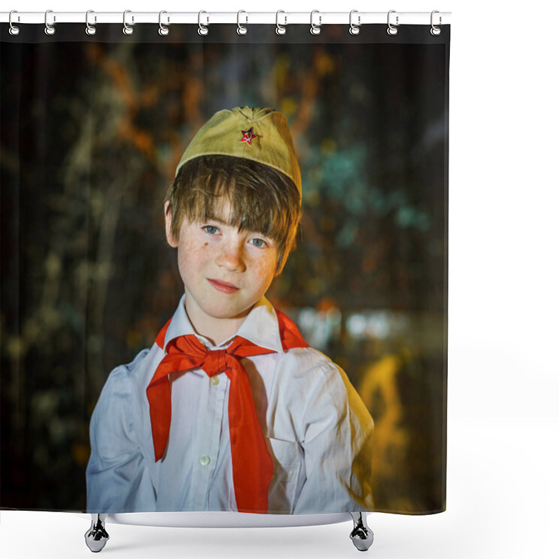 Personality  Redhead Attractive Boy Dressed Like Soviet Pioneer With Red Tie  Shower Curtains