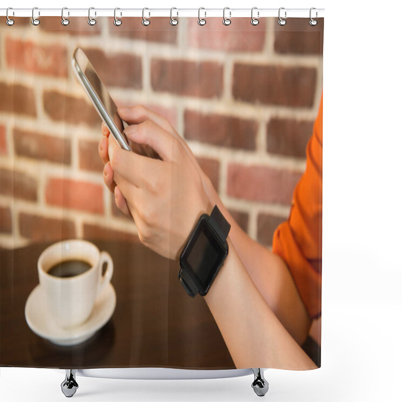 Personality  Woman Wearing Smart Watch On Hand Shower Curtains