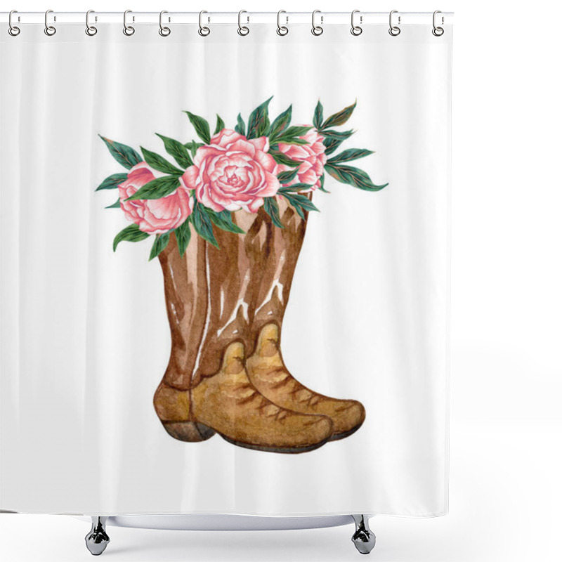 Personality  Watercolor Country Boots With Red Flowers And Greenery, Illustration Isolated On White Background. Rustic Wedding. Shower Curtains