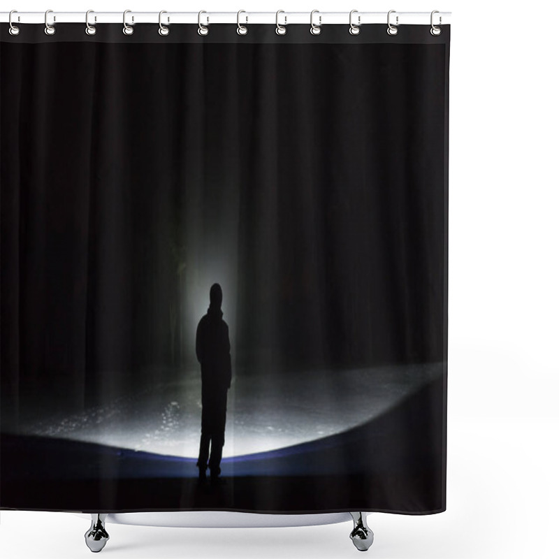 Personality  Man Standing Outdoors At Night In Tree Alley Shining With Flashlight. Beautiful Dark Snowy Winter Night. Shower Curtains