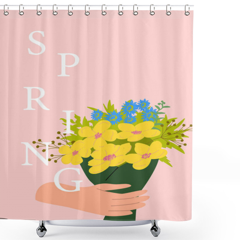 Personality  Spring Bouquet With Yellow And Blue Flowers On Pink Background. Shower Curtains