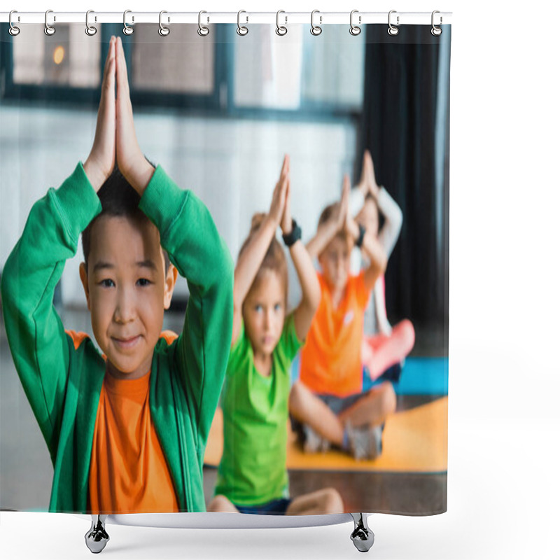 Personality  Selective Focus Of Multicultural Children With Clenched Hands Stretching In Sports Center Shower Curtains