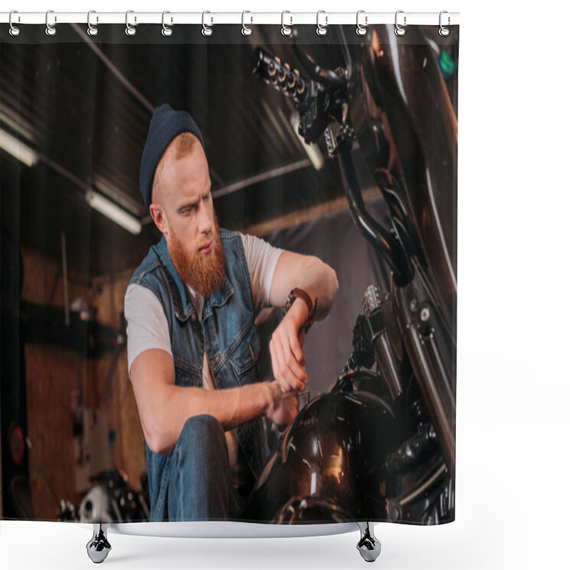 Personality  Young Man Looking At Watch While Sitting On Motorcycle At Garage Shower Curtains