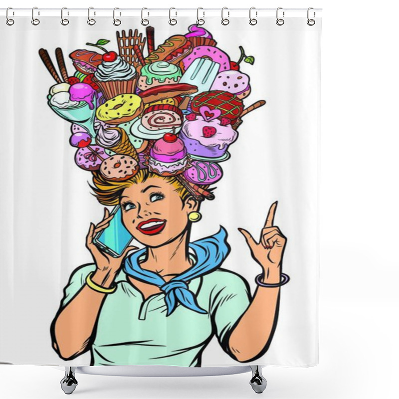 Personality  Stewardess Woman Dreams Of Food And Sweets. Pop Art Retro Vector Illustration Kitsch Vintage Shower Curtains