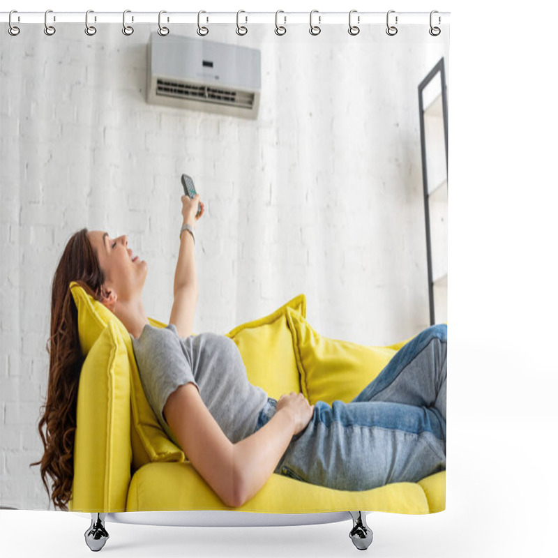 Personality  Attractive Young Woman Relaxing Under Air Conditioner And Holding Remote Control Shower Curtains