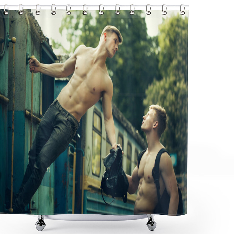 Personality  Muscular Guys Near Railway Train Shower Curtains