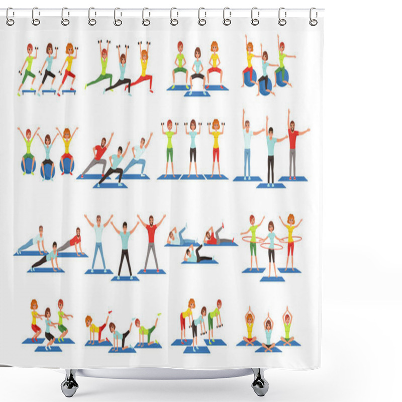 Personality  Set Of People Working Out In Gym. Young Girls And Guys Doing Exercises. Physical Activity. Healthy Lifestyle. Men And Women In Sportswear. Flat Vector Design Shower Curtains