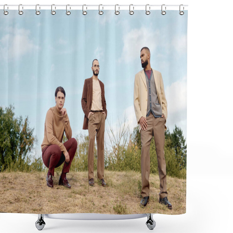 Personality  Handsome Men Dressed In Autumn Attire Pose Confidently In A Peaceful Field Surrounded By Nature. Shower Curtains