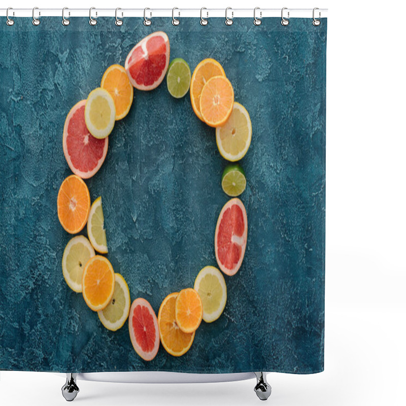 Personality  Top View Of Round Frame Made Of Citrus Fruits Slices On Blue Concrete Surface Shower Curtains