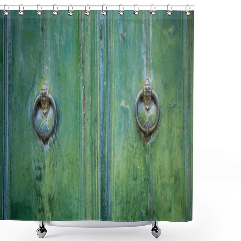 Personality  Old And Worn Double-leaf Door With Metal Knockers Or Knockers And Painted Dark Green Shower Curtains