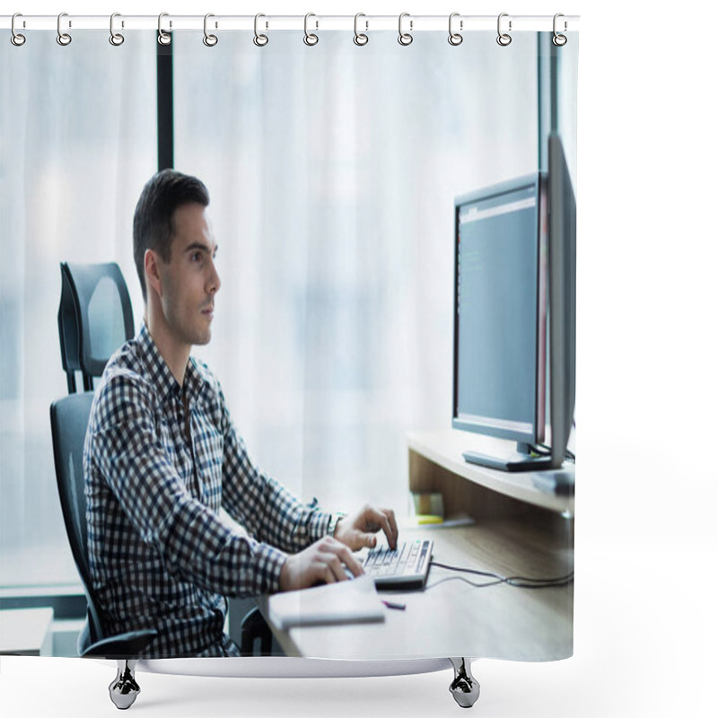 Personality  Portrait Of Young Businessman Working On Computer In Office Shower Curtains