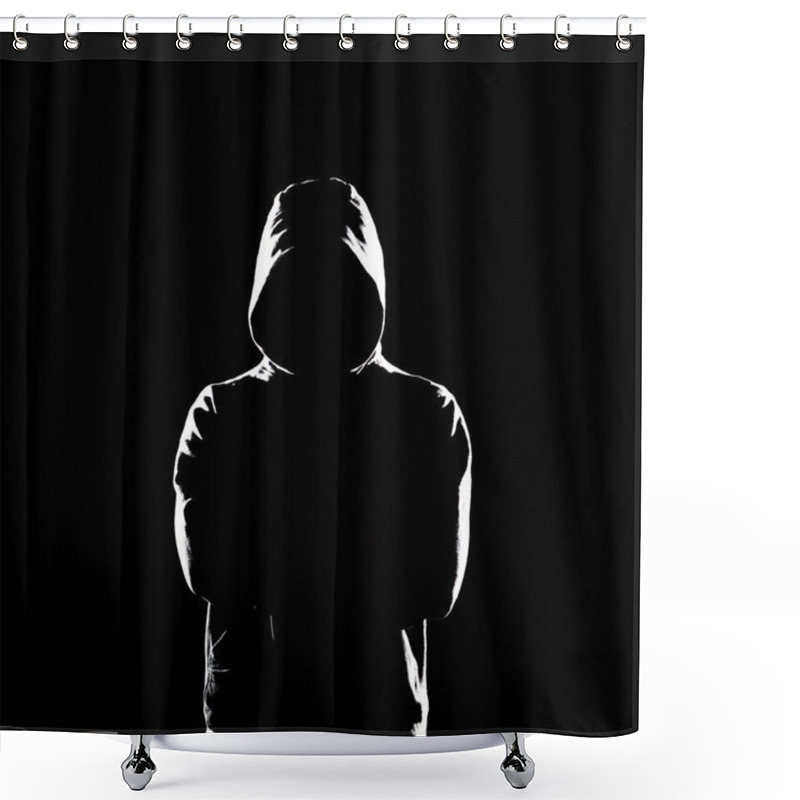 Personality  Portrait Of Computer Hacker In Hoodie. Obscured Dark Face. Data Thief, Internet Fraud, Darknet And Cyber Security Concept. Shower Curtains