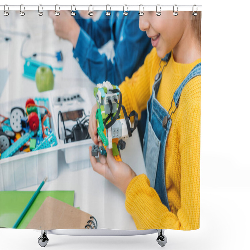 Personality  Cropped View Of Schoolgirl Building Robot Model At STEM Class Shower Curtains