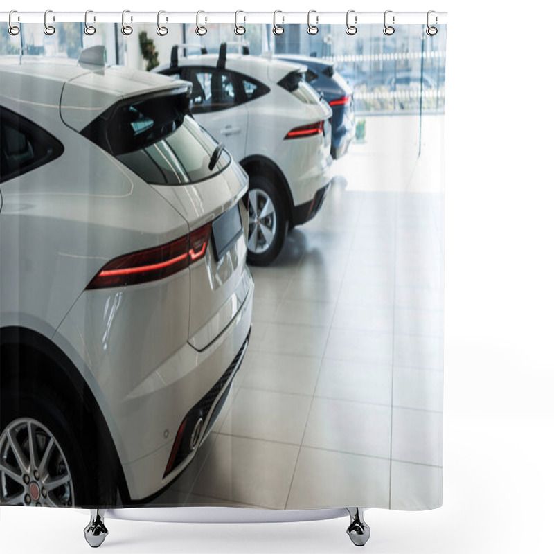 Personality  Selective Focus Of White Shiny Cars In Car Showroom  Shower Curtains