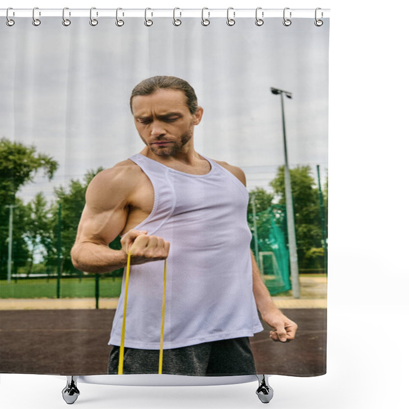 Personality  A Determined Man In Sportswear Holds A Yellow Elastics While Working Out Shower Curtains