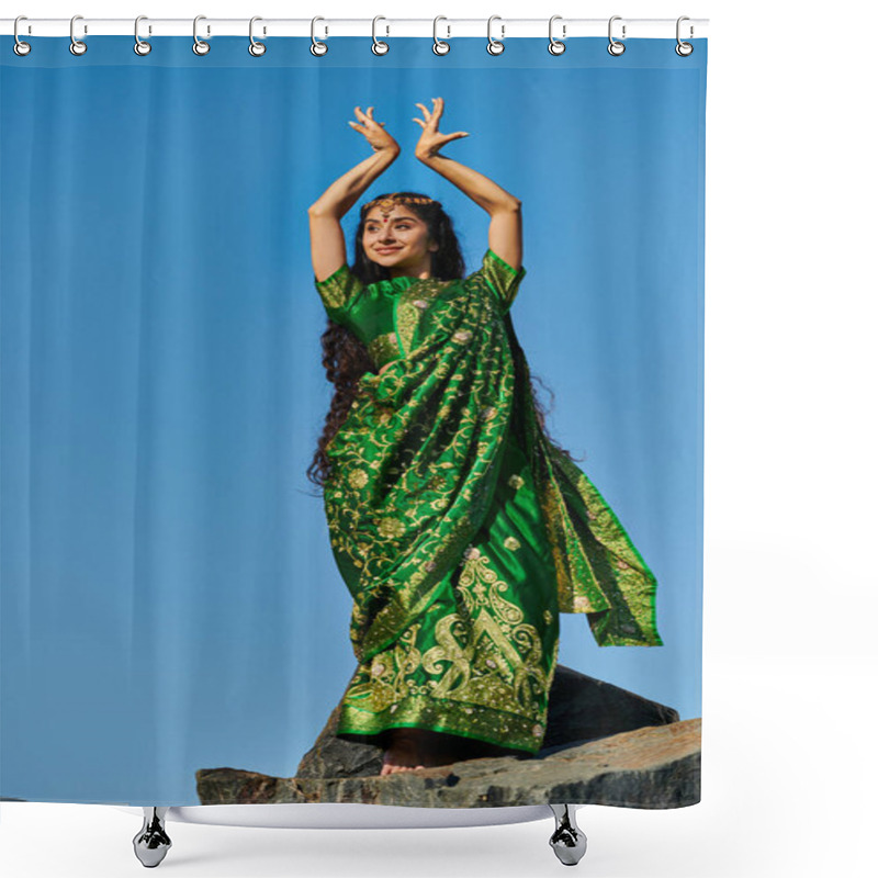 Personality  Cheerful Young Indian Woman In Green Sari Posing On Stone With Blue Sky On Background Shower Curtains