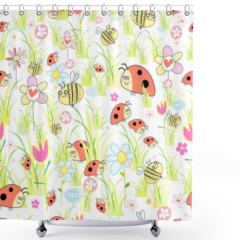 Personality  Texture Of Ladybirds In The Grass Shower Curtains