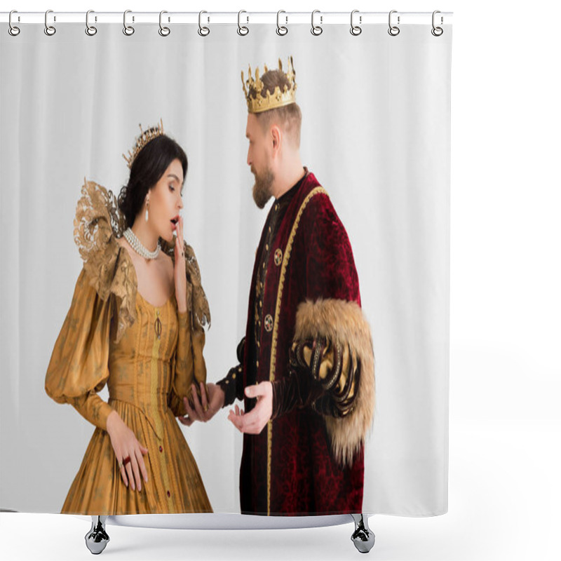 Personality  King With Crown Looking At Shocked Queen Isolated On Grey Shower Curtains