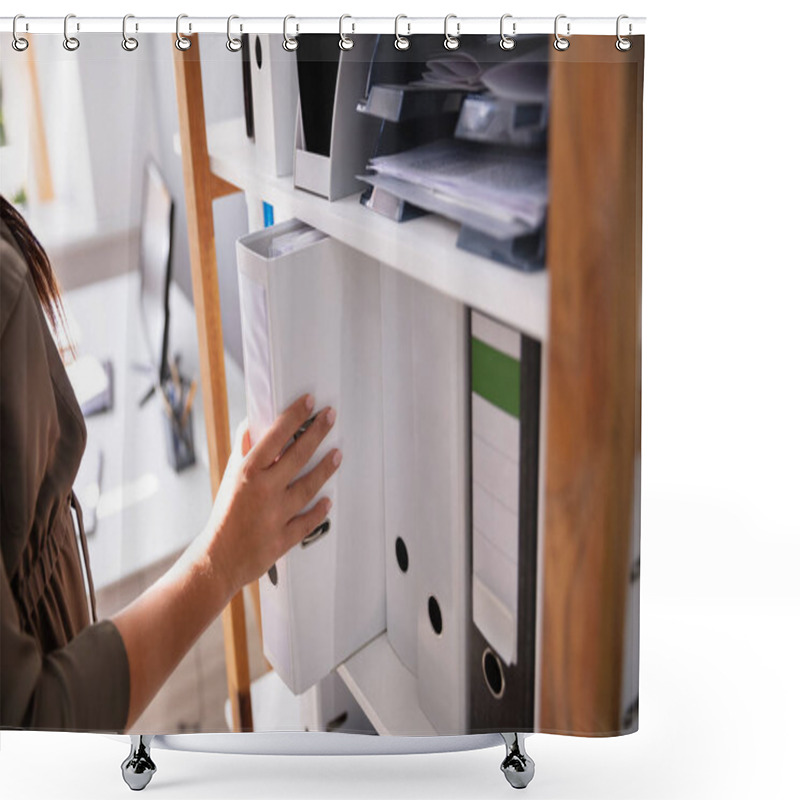 Personality  Businessperson's Hand Taking Folder From Wooden Shelf In Office Shower Curtains