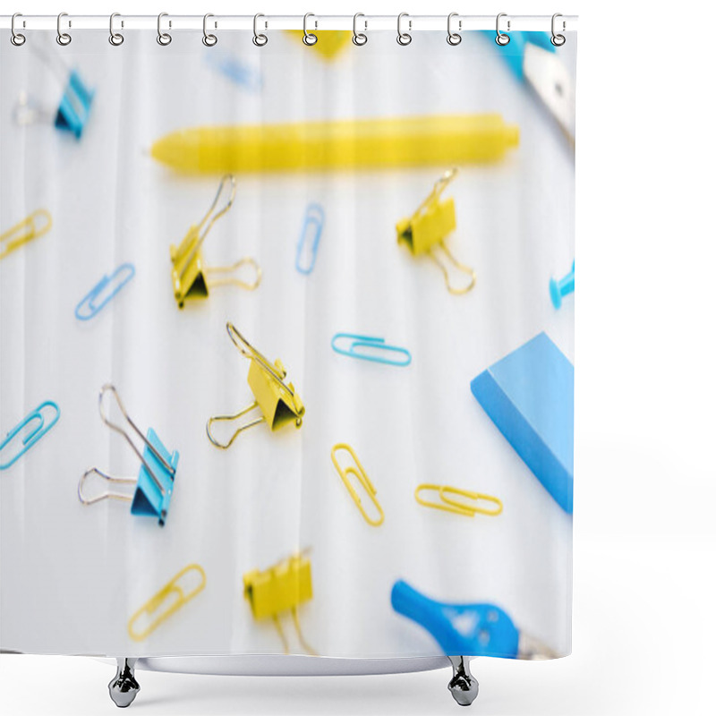 Personality  Selective Focus Of Colourful Paper Clips And Other Stationery On White Background  Shower Curtains