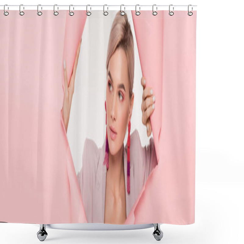 Personality  Panoramic Shot Of Beautiful Girl In Trendy Suit Posing In Torn Paper, Isolated On White Shower Curtains