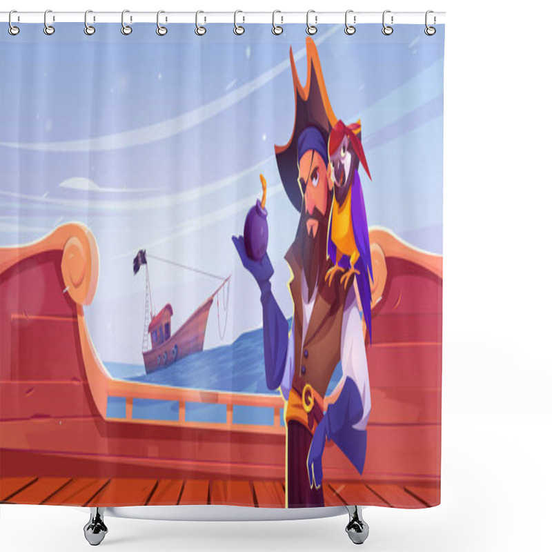 Personality  Pirate With Eye Patch, Parrot On His Shoulder And Bomb In His Hand Stands On Wooden Deck Of Ship In Open Sea. Cartoon Vector Illustration Of Corsair Captain In Pirate Tri Corn Hat With Funny Bird. Shower Curtains