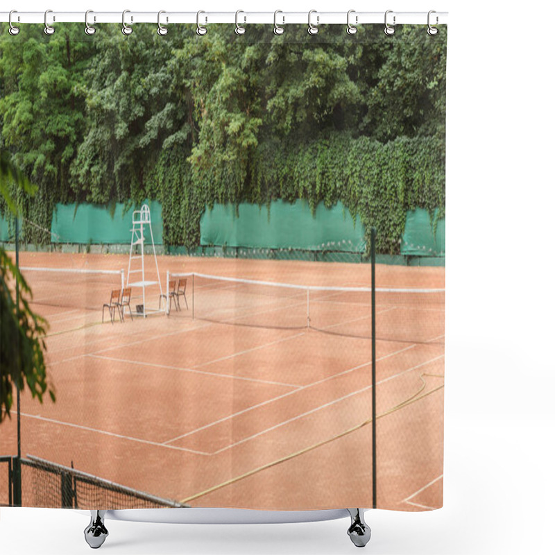 Personality  View Of Brown Tennis Court With Net, Chairs And Trees  Shower Curtains