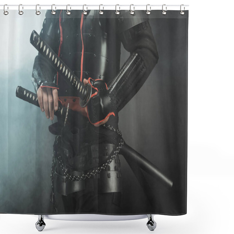 Personality  Cropped Shot Of Samurai In Armor With Swords On Dark Background With Smoke Shower Curtains