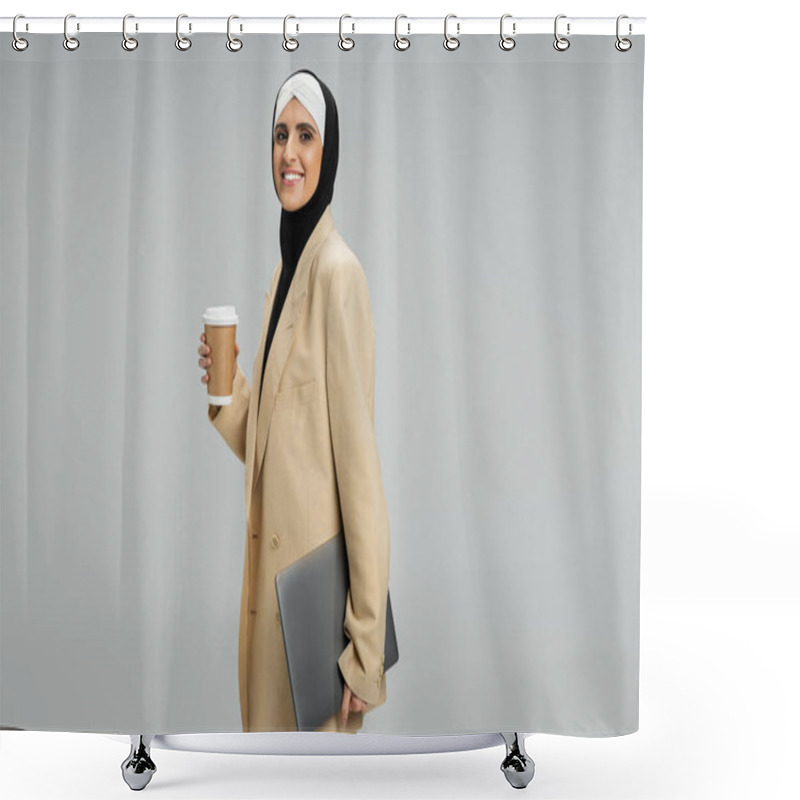 Personality  Modern And Stylish Muslim Businesswoman With Coffee To Go And Laptop Smiling At Camera On Grey Shower Curtains