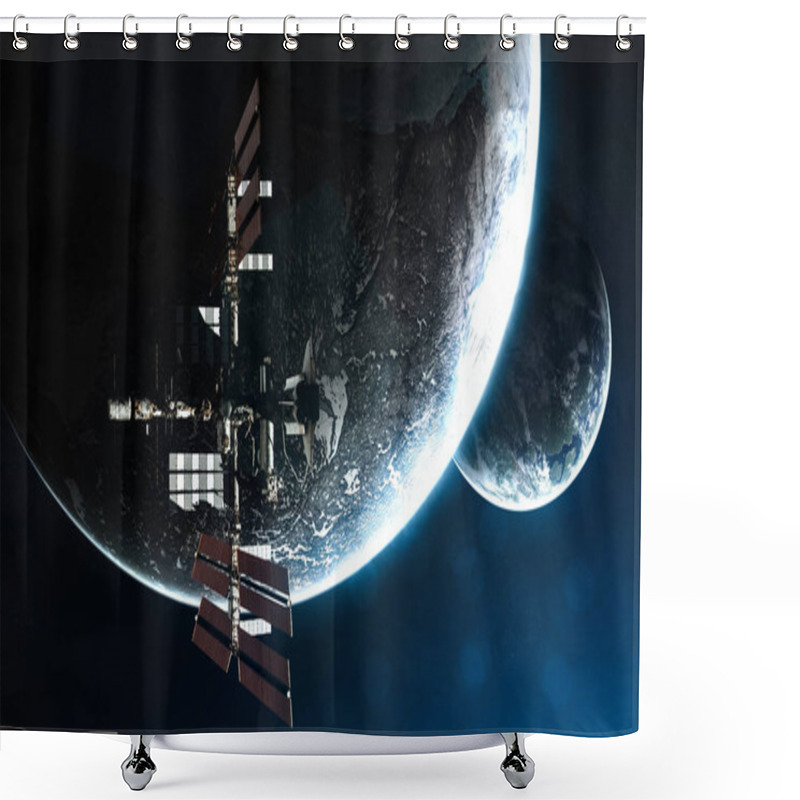 Personality  ISS On Background Of Exoplanets. Deep Space In Rays Of Blue Star. Abstract Science Fiction. Elements Of The Image Are Furnished By NASA Shower Curtains