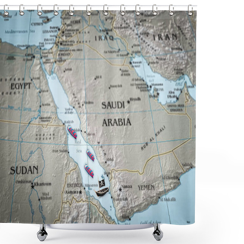 Personality  The Red Sea Region With Cargo And Pirate Ships. Suitable For Concepts As Red Sea Conflict, Rise Of Tension Between The USA And Iran,Houthi Attacks And Military Escalation Shower Curtains