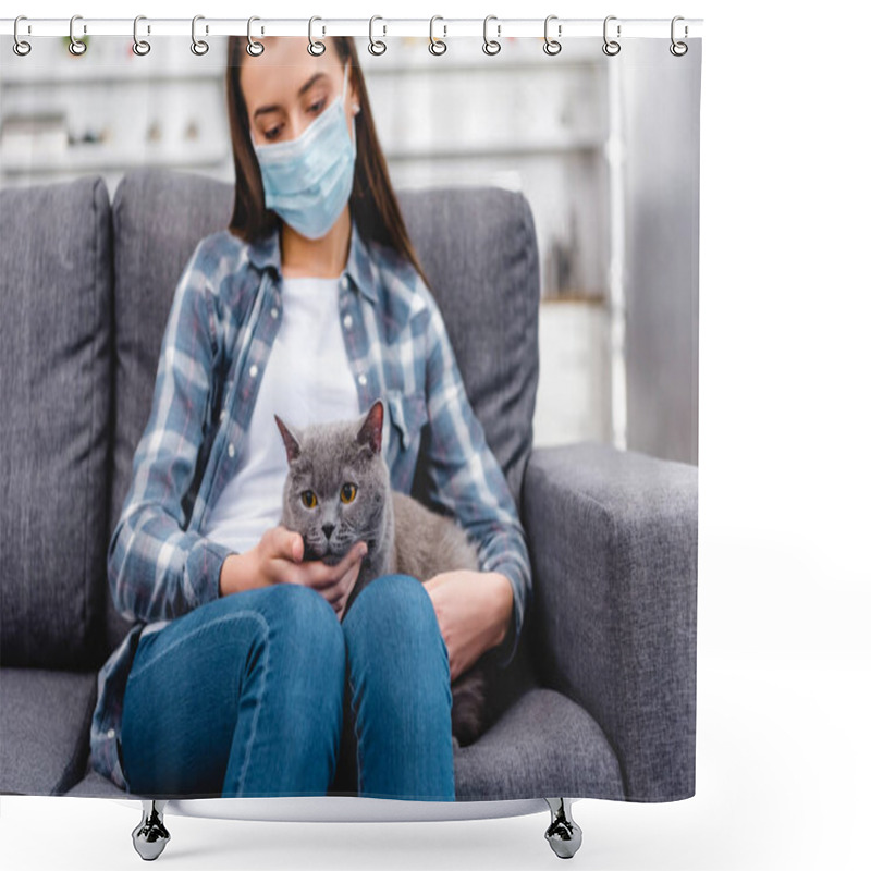 Personality  Woman In Medical Mask Holding Cat And Suffering From Allergy At Home  Shower Curtains