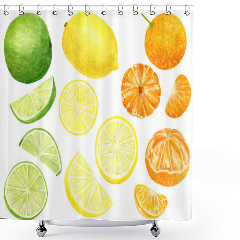 Personality  Watercolor Fresh Lemon, Tangerine And Lime Set. Hand Drawn Botanical Illustration Of Yellow, Orange And Green Citrus Fruits Isolated On White Background. Clipart For Design And Decor, Package, Cards. Shower Curtains