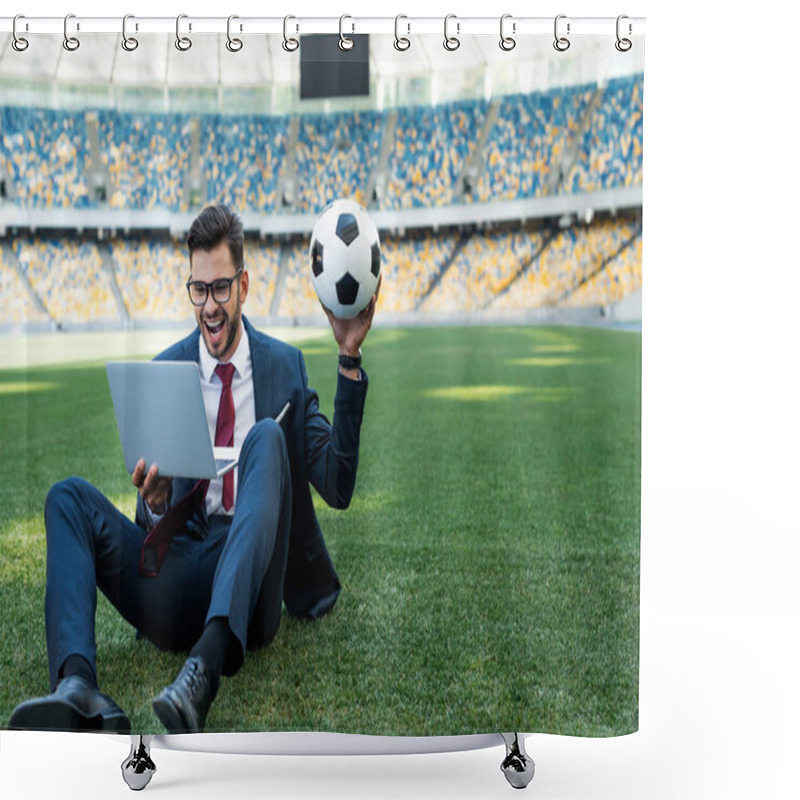 Personality  Happy Young Businessman In Suit With Laptop And Soccer Ball Sitting On Football Pitch At Stadium, Sports Betting Concept Shower Curtains