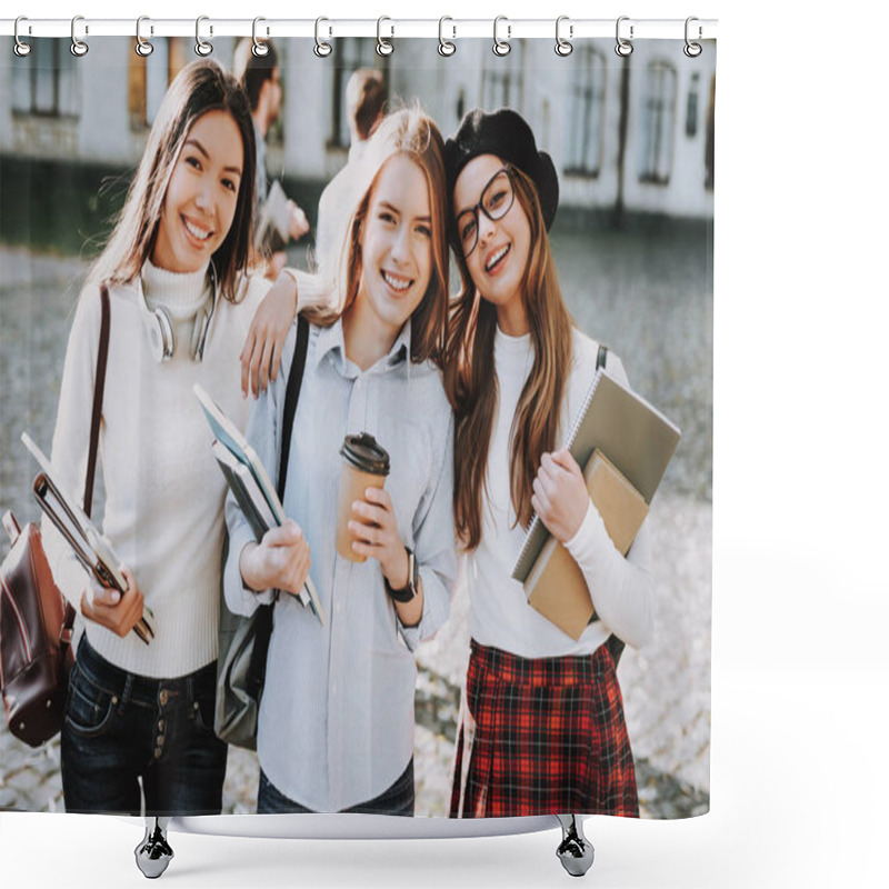 Personality  Best Friend Forever. Girls. Happy Together. Students. Courtyard. Books. Standing. Good Mood. University. Knowledge. Architecture. Happiness. Celebration. Campus. Friends. Happy. Intelligence. Shower Curtains