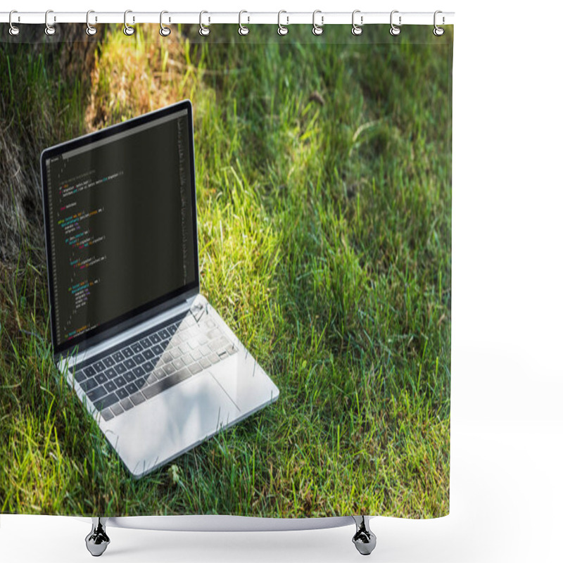 Personality  Close Up View Of Laptop With Programming Language Code On Grass Outdoors Shower Curtains