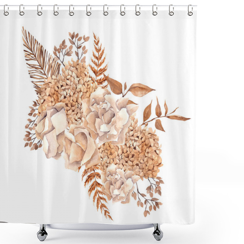 Personality  Watercolor Bouquet With Dried Flowers, Leaves, Pampas Grass, Protea, Banksia, Palm Leaf, Orchid And Rose, Isolated On White Background Shower Curtains