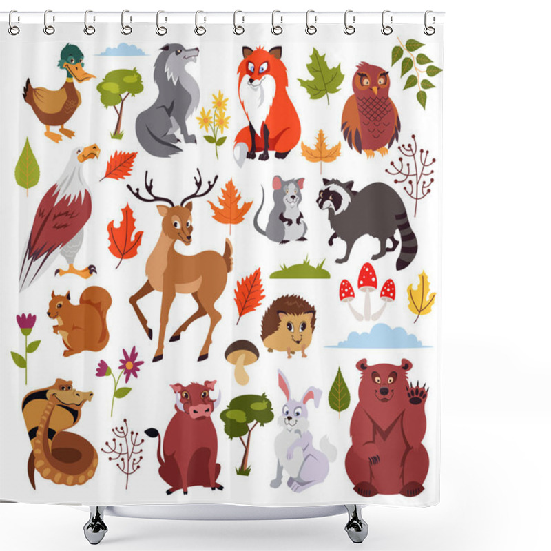 Personality  Wild Forest Animals Characters Set With Plans, Mushroom And Tree. Graphic Design For Children Book. Vector Flat Isolated Cartoon Illustration Shower Curtains