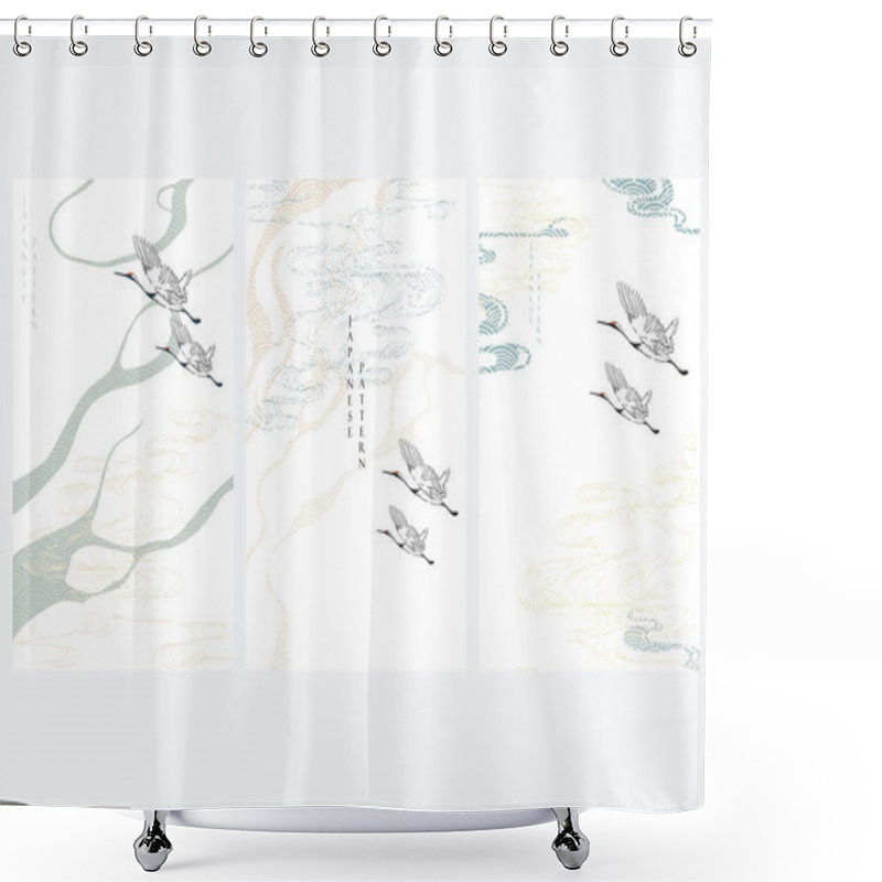 Personality  Crane Birds With Japanese Pattern Vector. Geometric Background With Hand Draw Wave Elements. Shower Curtains