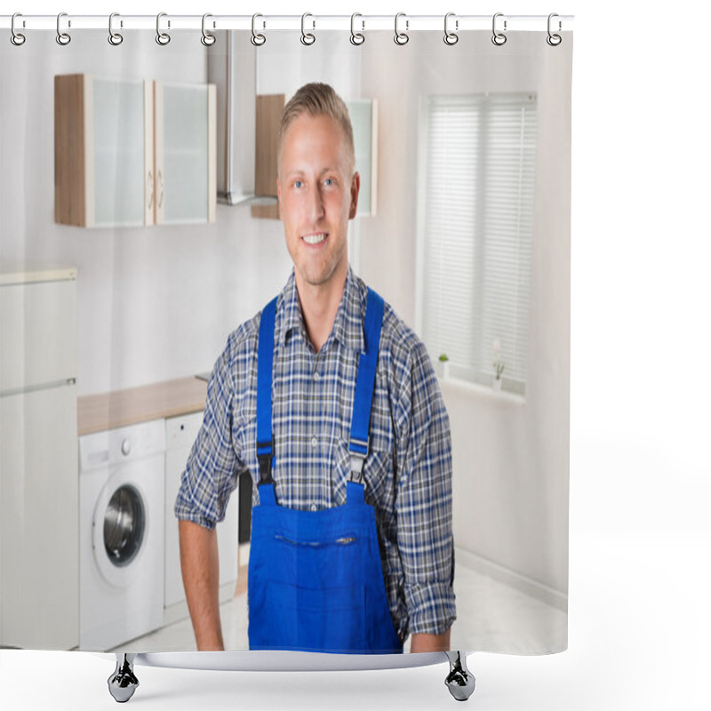 Personality  Repairman Standing In Kitchen Shower Curtains