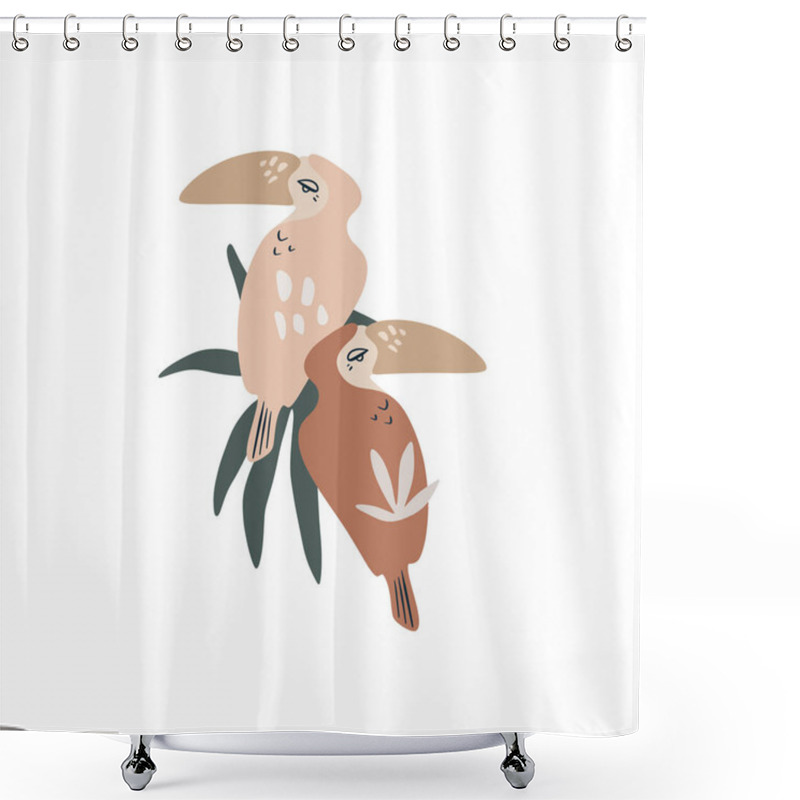 Personality  Tropical Cartoon Abstract Isolated Toucans Couple. Trendy Collage Style. Cute Exotic Birds With Palm Leaves In Jungle On White Background. Summer Illustration, Editable Vector Shower Curtains