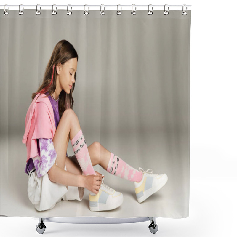 Personality  A Stylish Teenage Girl In Vibrant Attire Sits Cross-legged On The Ground Exuding Calmness And Poise. Shower Curtains