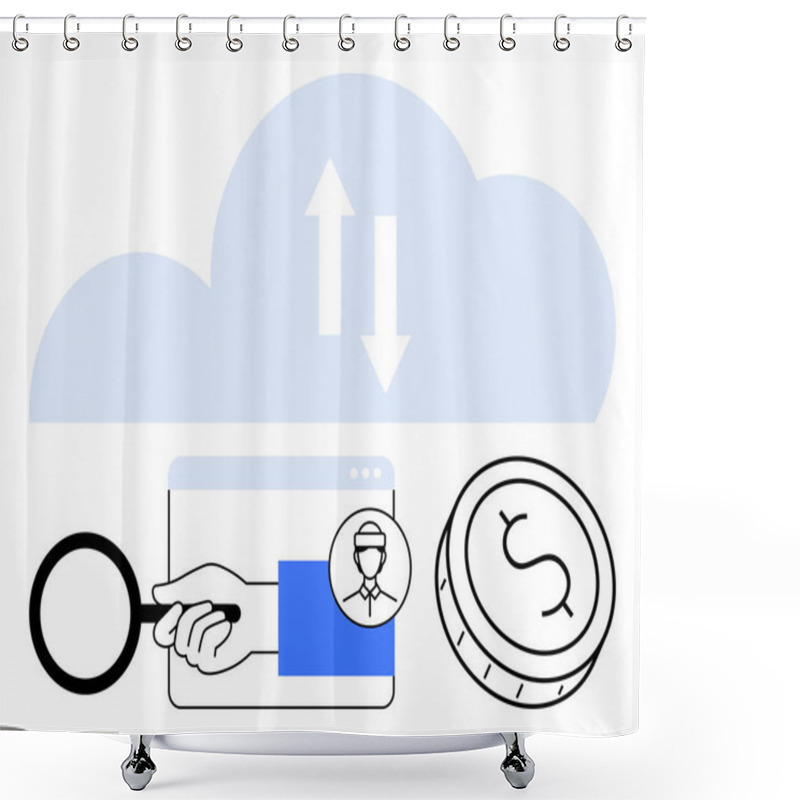 Personality  Cloud With Upward And Downward Arrows, Magnifying Glass Inspecting User Profile, Browser Window, And Coin. Ideal For Cloud Computing, Data Transfer, Finance, Security, Analysis Technology Shower Curtains