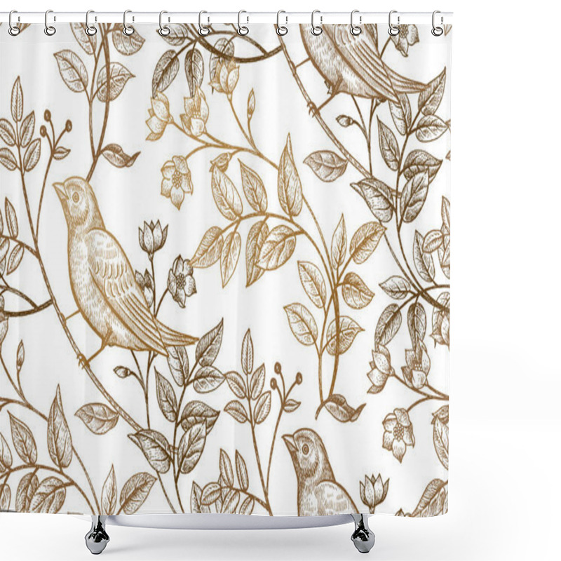 Personality  Seamless Pattern With Flowers And Birds. Shower Curtains