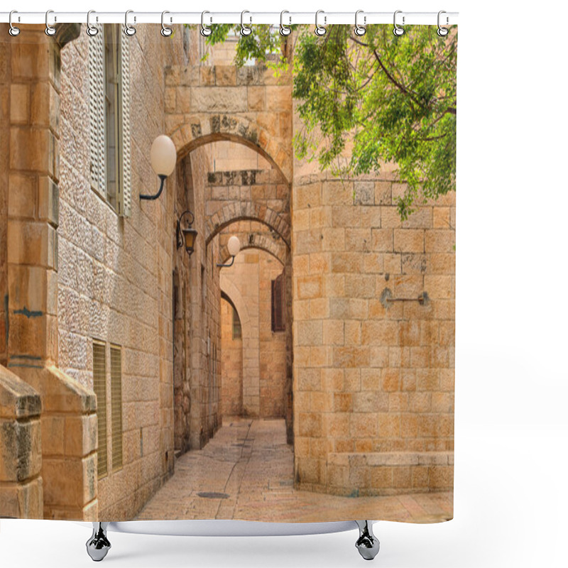 Personality  Narrow Street And Stonrd Houses At Jewish Quarter In Jerusalem. Shower Curtains