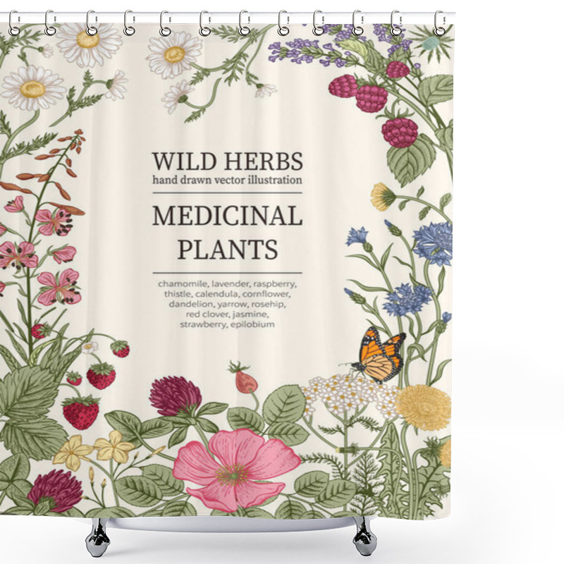 Personality  Wild Flowers. Herbal Tea. Vector Illustration. Shower Curtains