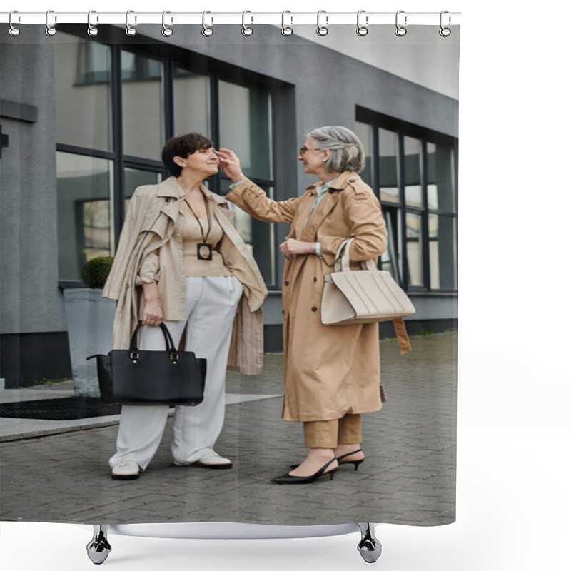 Personality  Two Women, A Mature And Beautiful Lesbian Couple, Standing Together In Front Of A Building. Shower Curtains