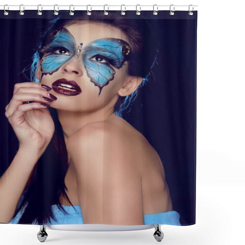 Personality  Fashion Woman Portrait. Butterfly Makeup, Face Art Make Up Shower Curtains