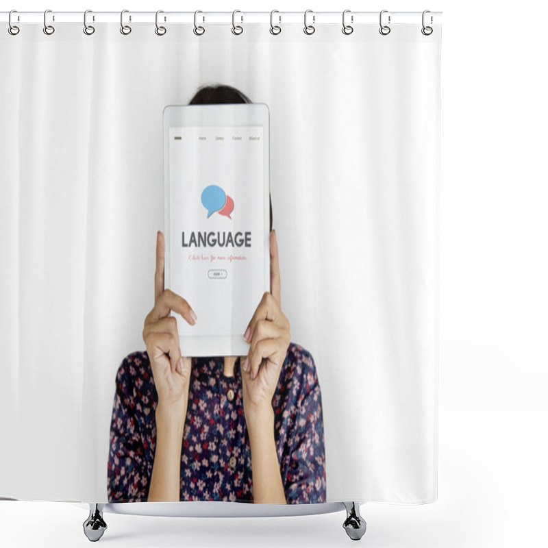 Personality  Woman Holding Digital Tablet Covering Face Shower Curtains